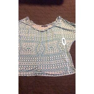 Velvet‎ Burnout Top Teal White Print Ruffle Neck Short Sleeve Small